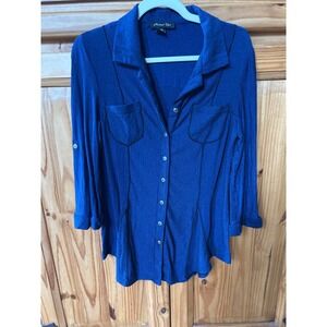 Michael Tyler Blue Striped Button Front Roll Tab Sleeve Ribbed Blouse Medium